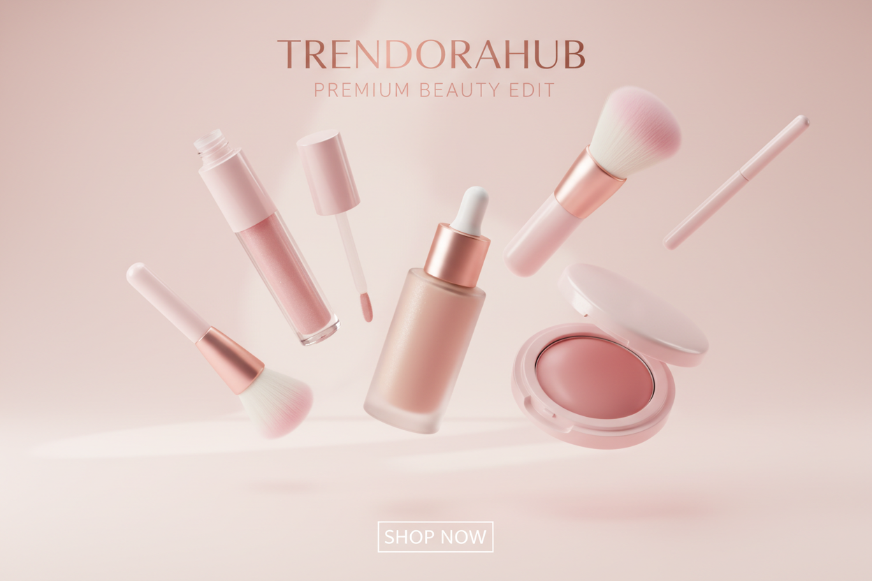 A soft baby-pink aesthetic beauty homepage banner for Trendorahub, showcasing premium makeup products, elegant minimal layout, glossy textures, soft lighting, floating makeup items like lip gloss, blush, foundation, and brushes, high-end beauty brand vibe, feminine modern design, ultra-sharp, high resolution, clean professional look.